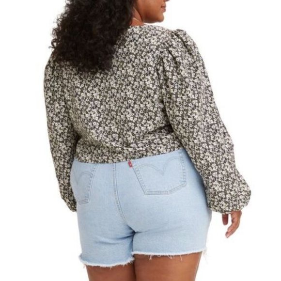 Levis Womens Embry Floral Print Tie-Front Puff Sleeves Blouse Top Plus 3X Black - Picture 5 of 5